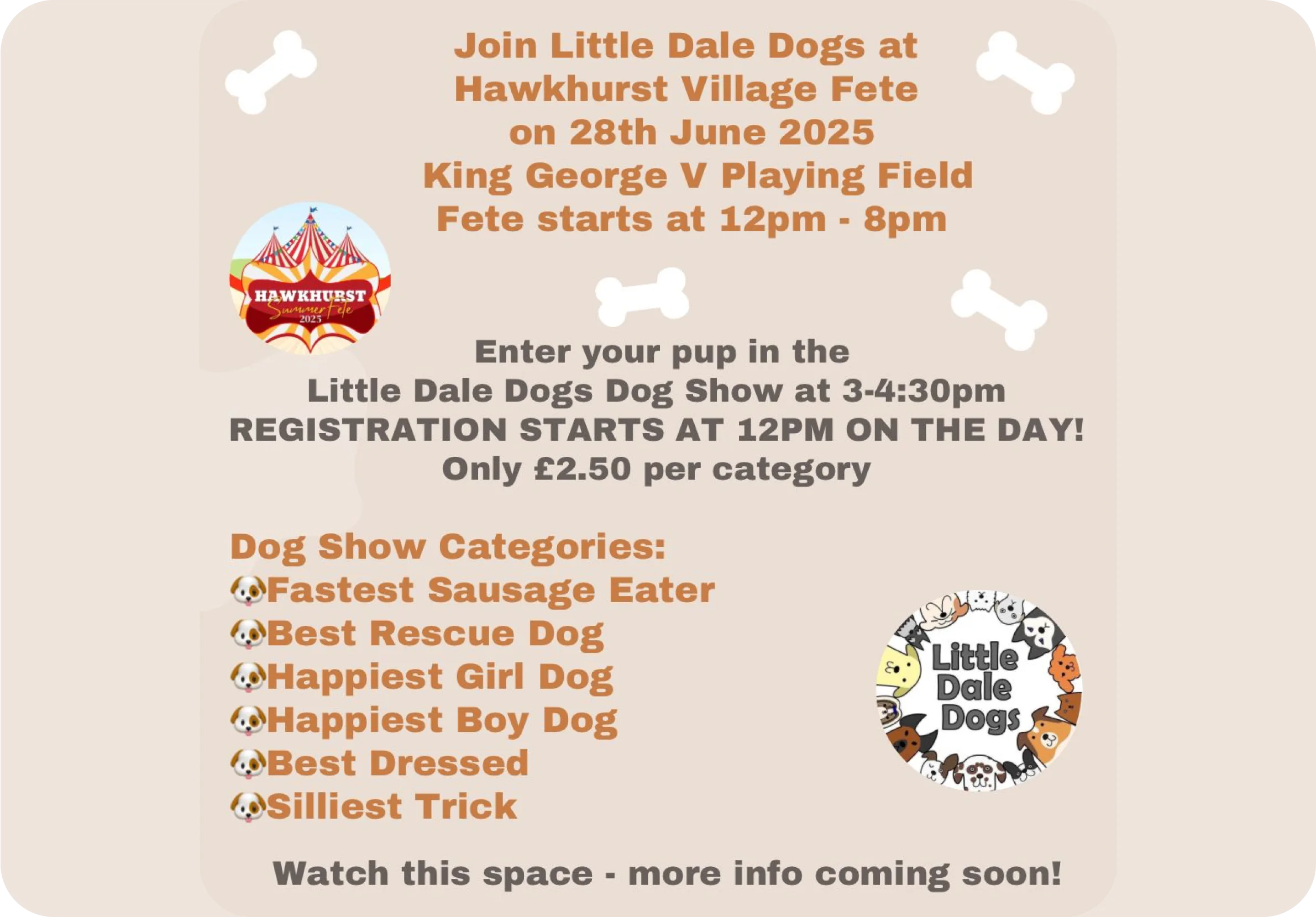 Join Little Dale Dogs at Hawkhurst Village Fete on 28th June 2025. King George V Playing Field. Fete starts at 12pm and ends at 8pm.